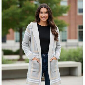 By Design Womens Hooded Cardigan Sweater Duster Grey White Tan Size L